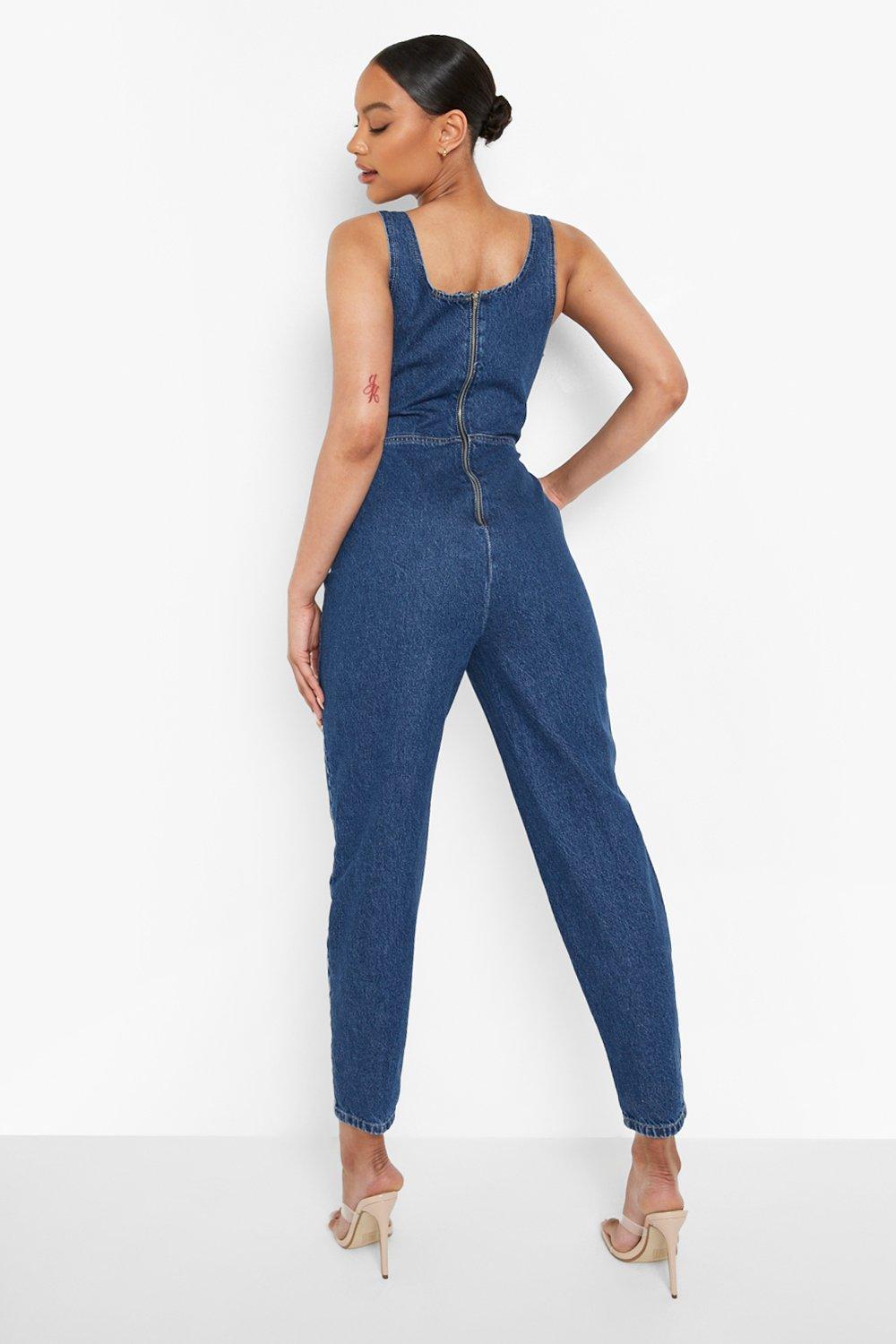 Square Neck Tapered Denim Jumpsuit